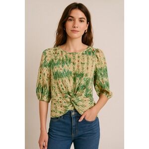 Aryn K Silk Top Puff Sleeves Botanical Print Twist Front Zip Back Blouse